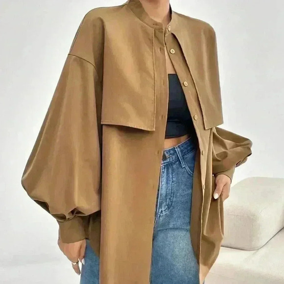 Casual Women's Lantern long Sleeve button down Blouse Tan - Picture 1 of 6